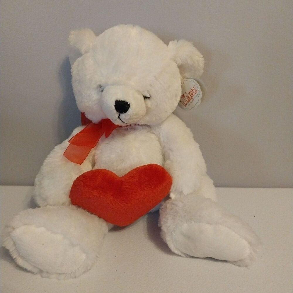 Vtg Wishpets Floppy Valentine White Teddy Bear Y2K Bean Bag Soft Plush Heart